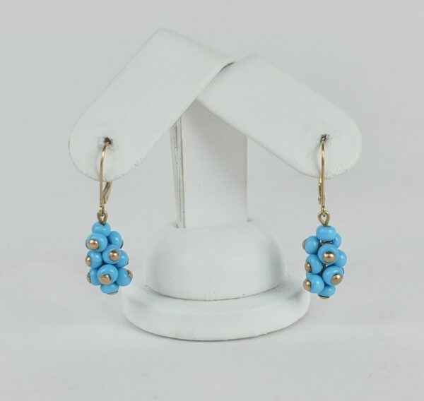 14k Yellow Gold Blue Bead Cluster Dangle Dangling Drop Earrings 1 3/8''