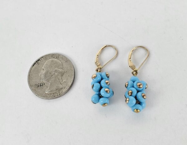 14k Yellow Gold Blue Bead Cluster Dangle Dangling Drop Earrings 1 3/8'' - Image 8