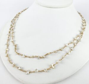 14k Yellow Gold Keshi Biwa Custom Pearl Long Wire Adjustable Necklace 41 1/2''