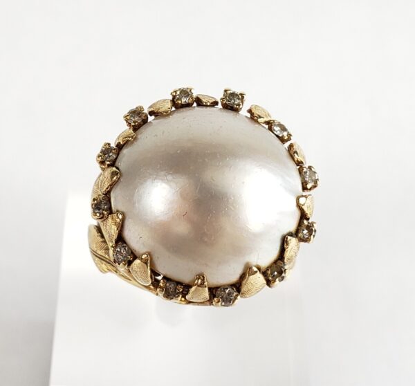 14k Yellow Gold Large 19mm Mabe Pearl Diamond Floral Leaf Leaves Textured Ring - Image 5