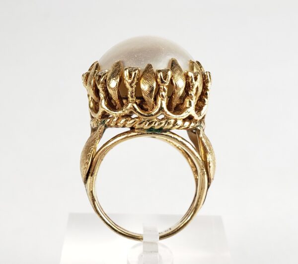 14k Yellow Gold Large 19mm Mabe Pearl Diamond Floral Leaf Leaves Textured Ring - Image 7