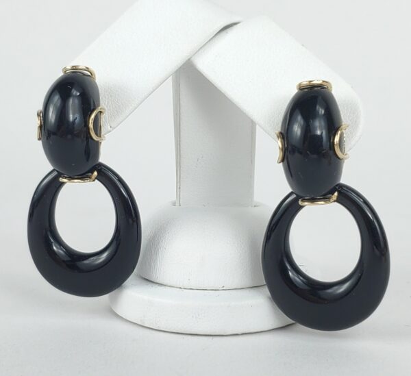 14k Yellow Gold Large Black Onyx Oval Dangle Dangling Stud Style Earrings 1 7/8' - Image 3