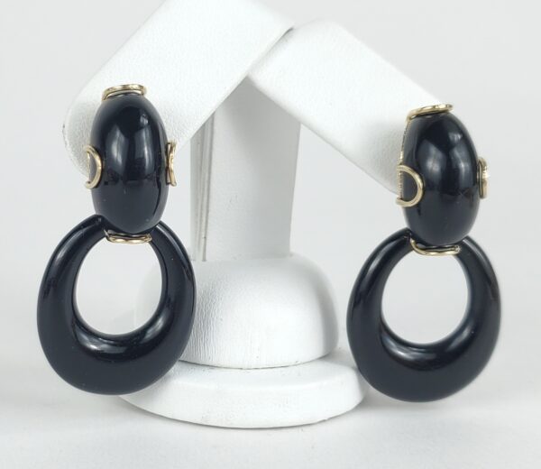 14k Yellow Gold Large Black Onyx Oval Dangle Dangling Stud Style Earrings 1 7/8' - Image 4