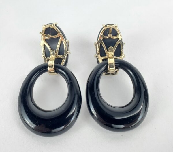14k Yellow Gold Large Black Onyx Oval Dangle Dangling Stud Style Earrings 1 7/8' - Image 6