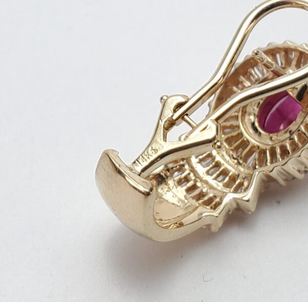 14k Yellow Gold Natural Ruby Baguette Diamond Halo Omega Shrimp Earrings 7/8'' - Image 11