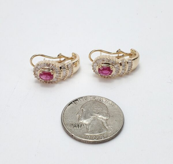 14k Yellow Gold Natural Ruby Baguette Diamond Halo Omega Shrimp Earrings 7/8'' - Image 12