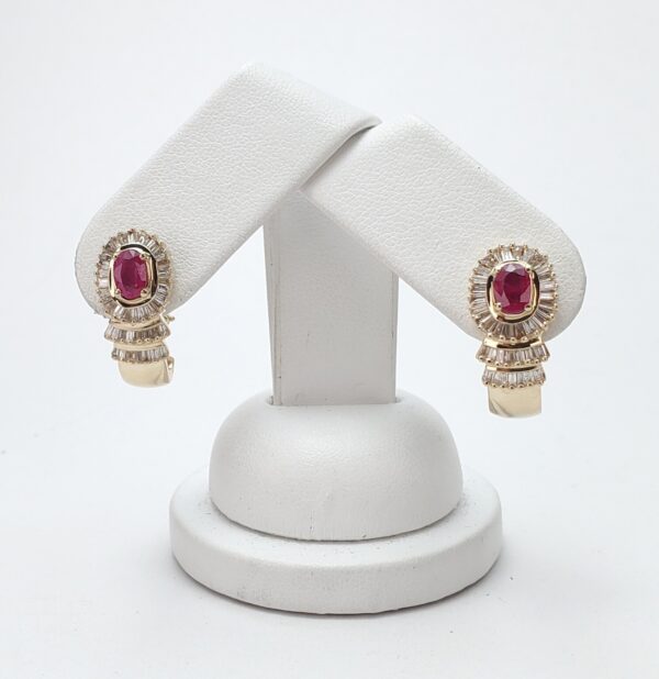 14k Yellow Gold Natural Ruby Baguette Diamond Halo Omega Shrimp Earrings 7/8'' - Image 4