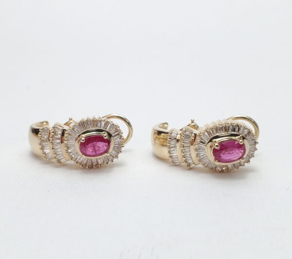 14k Yellow Gold Natural Ruby Baguette Diamond Halo Omega Shrimp Earrings 7/8'' - Image 5