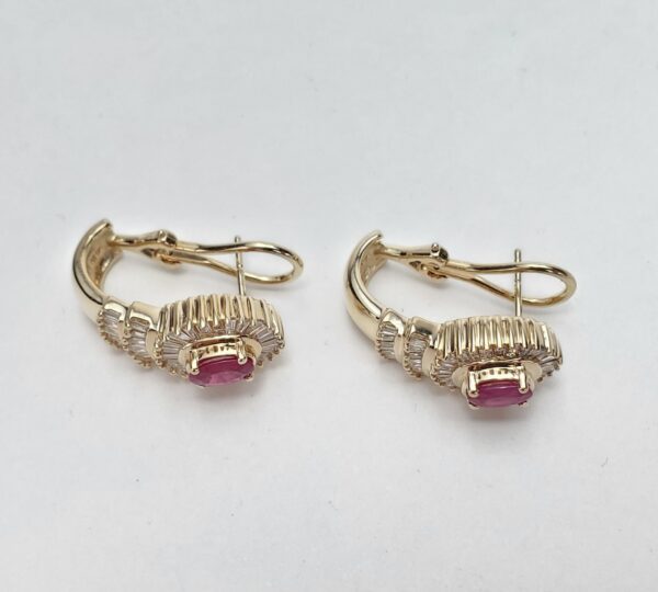 14k Yellow Gold Natural Ruby Baguette Diamond Halo Omega Shrimp Earrings 7/8'' - Image 6