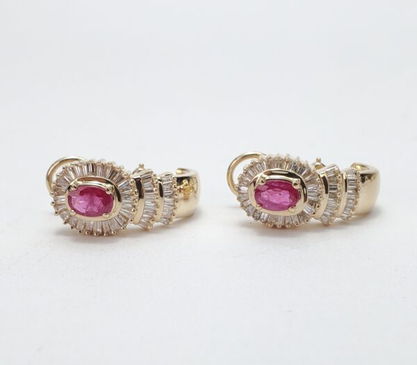 14k Yellow Gold Natural Ruby Baguette Diamond Halo Omega Shrimp Earrings 7/8'' - Image 7