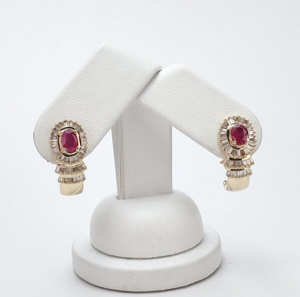 14k Yellow Gold Natural Ruby Baguette Diamond Halo Omega Shrimp Earrings 7/8'' - Image 8