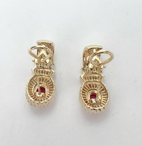 14k Yellow Gold Natural Ruby Baguette Diamond Halo Omega Shrimp Earrings 7/8'' - Image 10
