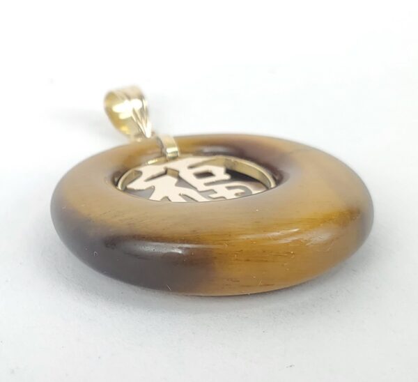 14k Yellow Gold Tiger's Eye Fu Chinese Character Fortune Drop Pendant 1 7/8'' - Image 5