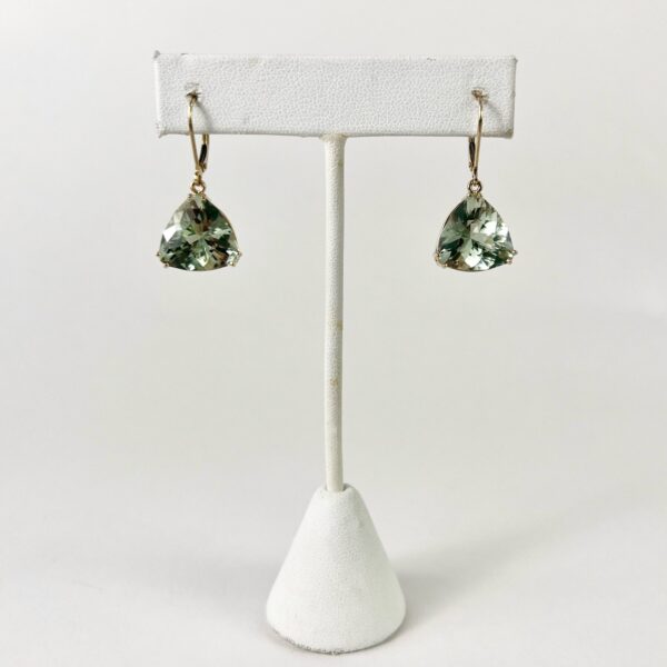 14k Yellow Gold Trillion Triangle Cut Prasiolite Green Amethyst Hanging Earrings - Image 3