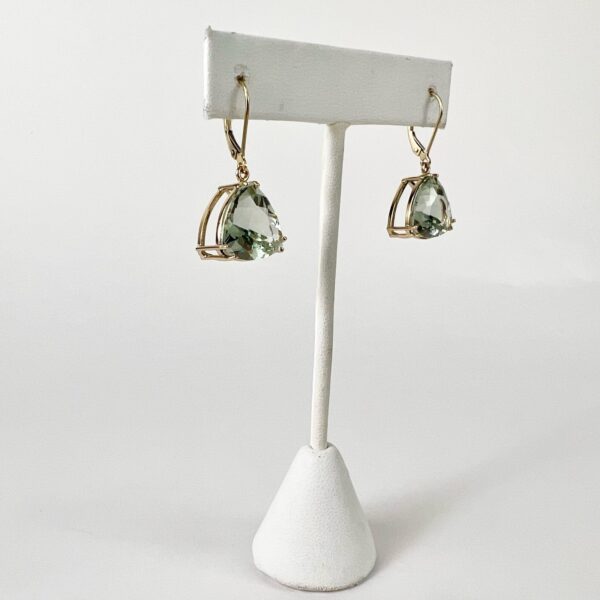 14k Yellow Gold Trillion Triangle Cut Prasiolite Green Amethyst Hanging Earrings - Image 4