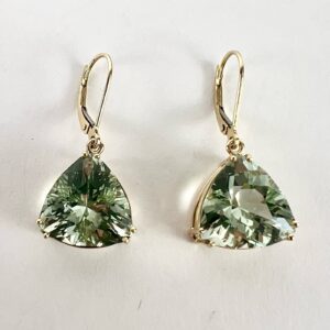 14k Yellow Gold Trillion Triangle Cut Prasiolite Green Amethyst Hanging Earrings