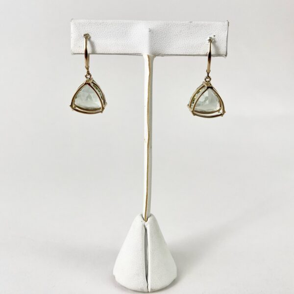 14k Yellow Gold Trillion Triangle Cut Prasiolite Green Amethyst Hanging Earrings - Image 5