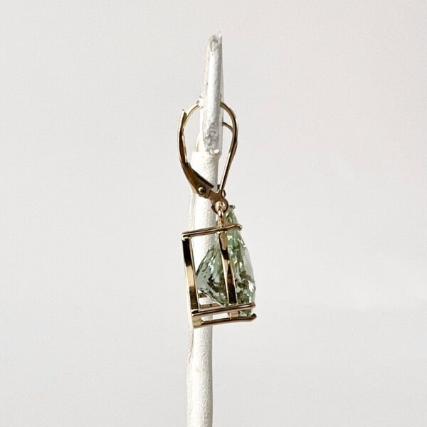 14k Yellow Gold Trillion Triangle Cut Prasiolite Green Amethyst Hanging Earrings - Image 6