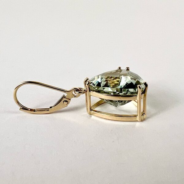 14k Yellow Gold Trillion Triangle Cut Prasiolite Green Amethyst Hanging Earrings - Image 7