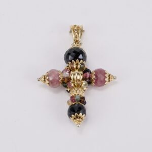 18k Two Tone Gold Tourmaline Multi-Stone Cross Pendant 2 1/4''