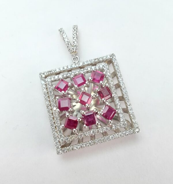 18k White Gold 2.44ctw Natural Ruby Diamond Unique Square Halo Drop Pendant - Image 3