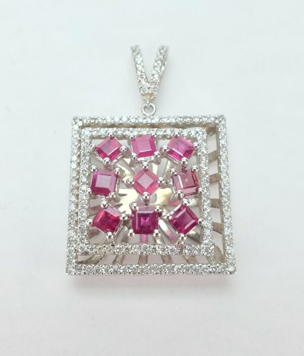 18k White Gold 2.44ctw Natural Ruby Diamond Unique Square Halo Drop Pendant - Image 4