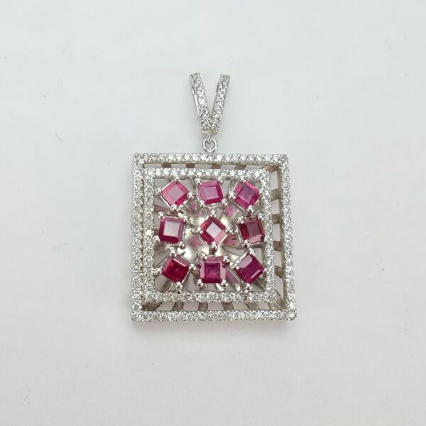 18k White Gold 2.44ctw Natural Ruby Diamond Unique Square Halo Drop Pendant - Image 5