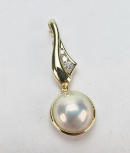 18k Yellow Gold Diamond Mabe Pearl Unique Slider Enhancer Drop Pendant 1 3/4''