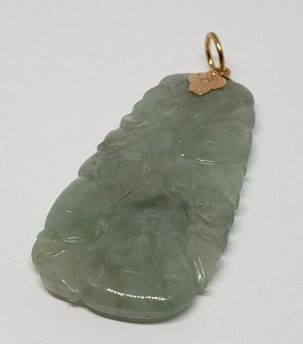 18k Yellow Gold Green Jadeite Jade Floral Flower Tulip Rose Vine Plant Pendant - Image 3