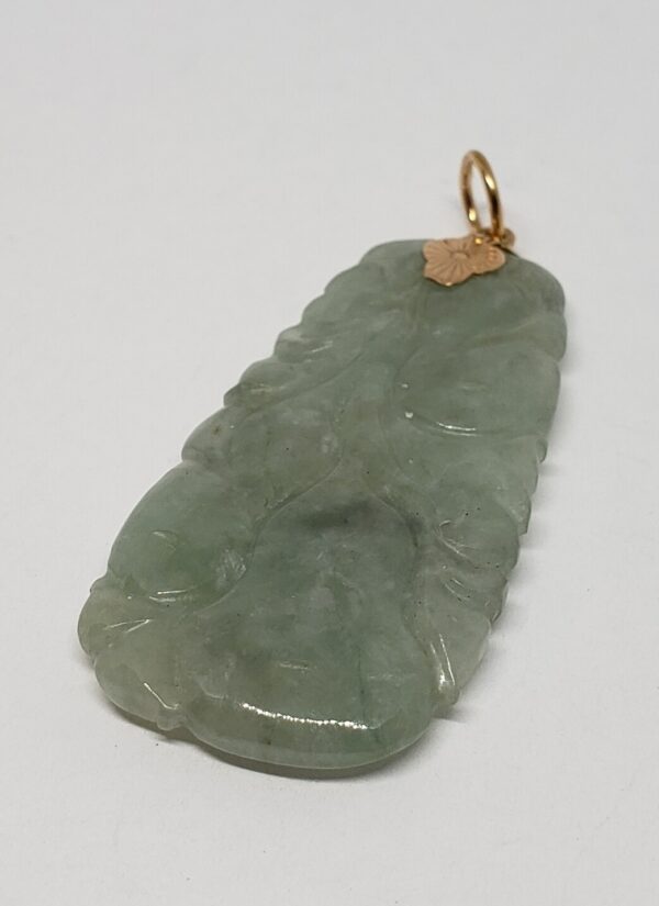 18k Yellow Gold Green Jadeite Jade Floral Flower Tulip Rose Vine Plant Pendant - Image 4