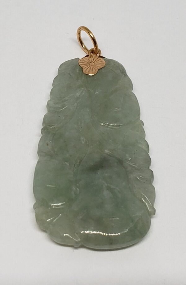 18k Yellow Gold Green Jadeite Jade Floral Flower Tulip Rose Vine Plant Pendant - Image 5