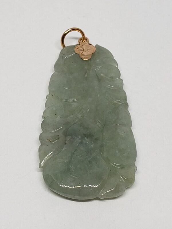 18k Yellow Gold Green Jadeite Jade Floral Flower Tulip Rose Vine Plant Pendant - Image 7