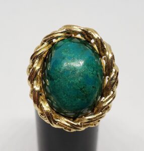 18k Yellow Gold Large Solitaire Eilat Stone Unique Weave Ring Elias Made in Peru