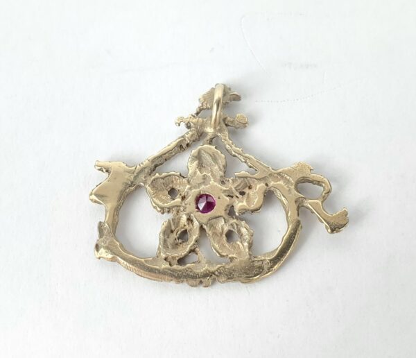 8k Yellow Gold Red Stone Flower in a Pouch Love Nature Dangle Drop Pendant 1 1/4 - Image 5