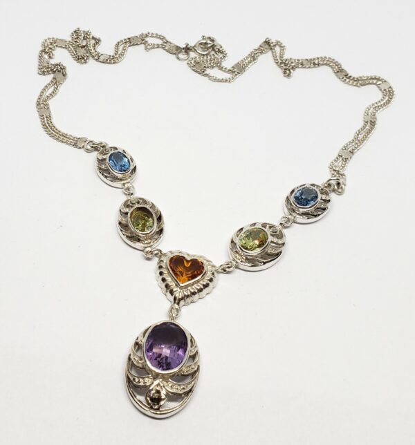 925 Sterling Silver Amethyst Citrine Blue Topaz Peridot Marcasite Drop Necklace - Image 3