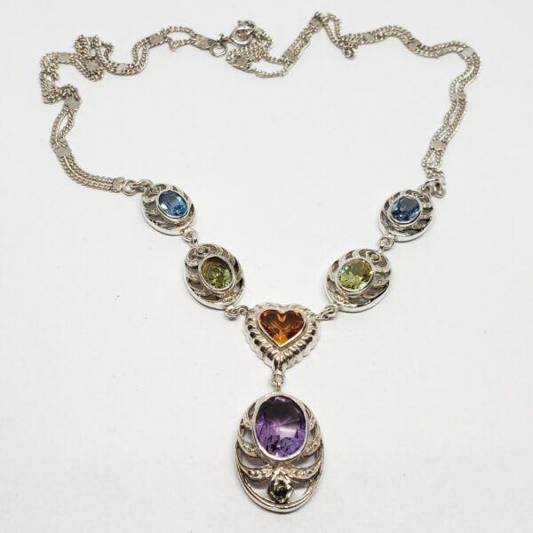 925 Sterling Silver Amethyst Citrine Blue Topaz Peridot Marcasite Drop Necklace - Image 4