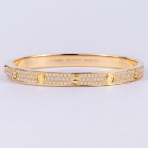 Cartier 18k Yellow Gold 6.7mm Pave Diamond Love Bracelet Size 19