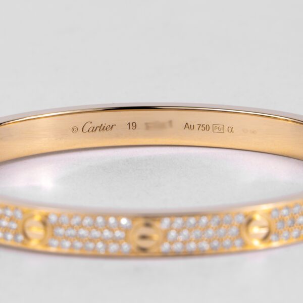Cartier 18k Yellow Gold 6.7mm Pave Diamond Love Bracelet Size 19 - Image 6