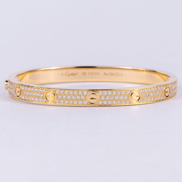 Cartier 18k Yellow Gold 6.7mm Pave Diamond Love Bracelet Size 19