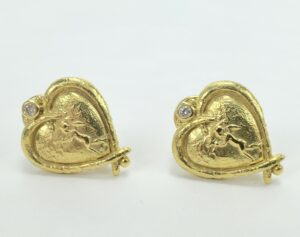 Seidengang 18k Yellow Gold Diamond Heart Cherub Angel Heart Clip On Earrings
