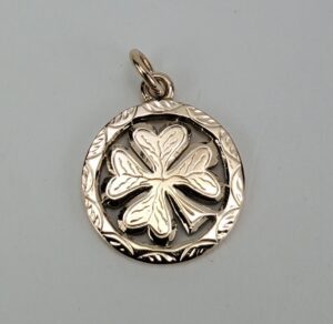10k Rose Gold Circle Good Luck Four 4 Leaf Clover Drop Pendant 1 1/8''