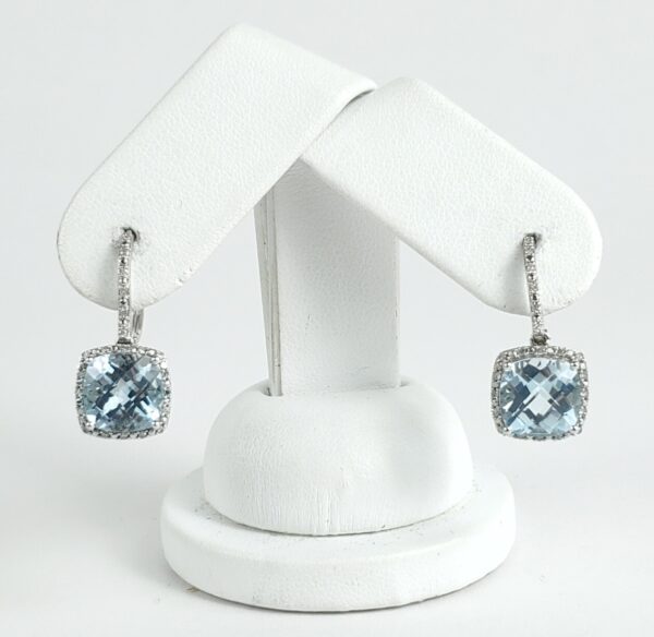 10k White Gold 8ctw Checkerboard Cut Blue Topaz Diamond Halo Leverback Earrings - Image 3