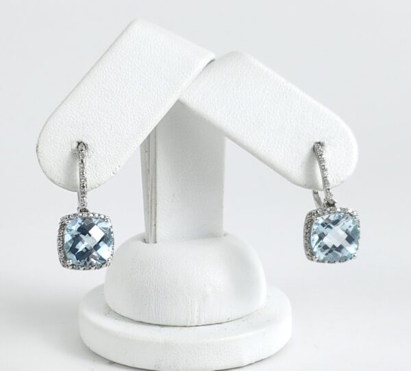 10k White Gold 8ctw Checkerboard Cut Blue Topaz Diamond Halo Leverback Earrings - Image 4