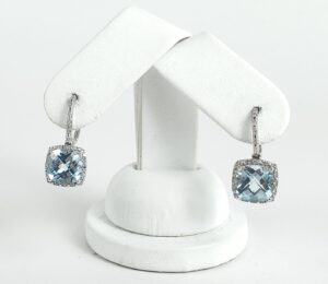 10k White Gold 8ctw Checkerboard Cut Blue Topaz Diamond Halo Leverback Earrings