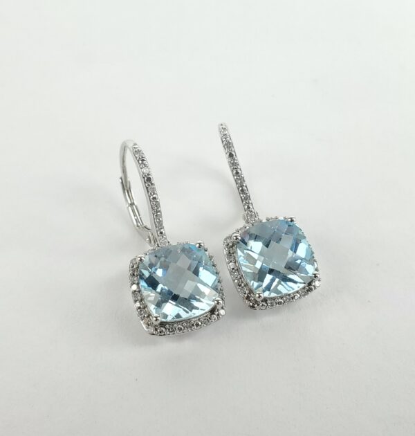 10k White Gold 8ctw Checkerboard Cut Blue Topaz Diamond Halo Leverback Earrings - Image 6