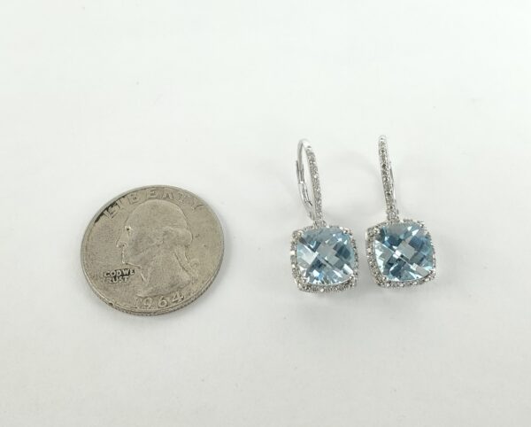 10k White Gold 8ctw Checkerboard Cut Blue Topaz Diamond Halo Leverback Earrings - Image 7
