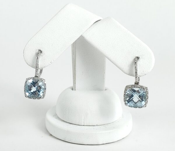 10k White Gold 8ctw Checkerboard Cut Blue Topaz Diamond Halo Leverback Earrings
