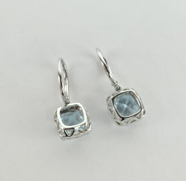 10k White Gold 8ctw Checkerboard Cut Blue Topaz Diamond Halo Leverback Earrings - Image 8
