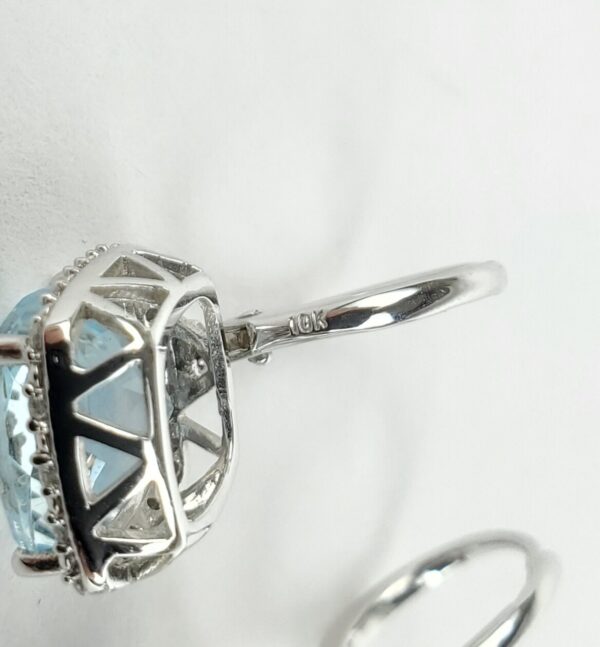 10k White Gold 8ctw Checkerboard Cut Blue Topaz Diamond Halo Leverback Earrings - Image 9