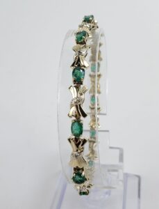 14k Multi-Tone Gold 2.82ct Natural Emerald Diamond Bow Ribbon Bracelet 7 1/8''
